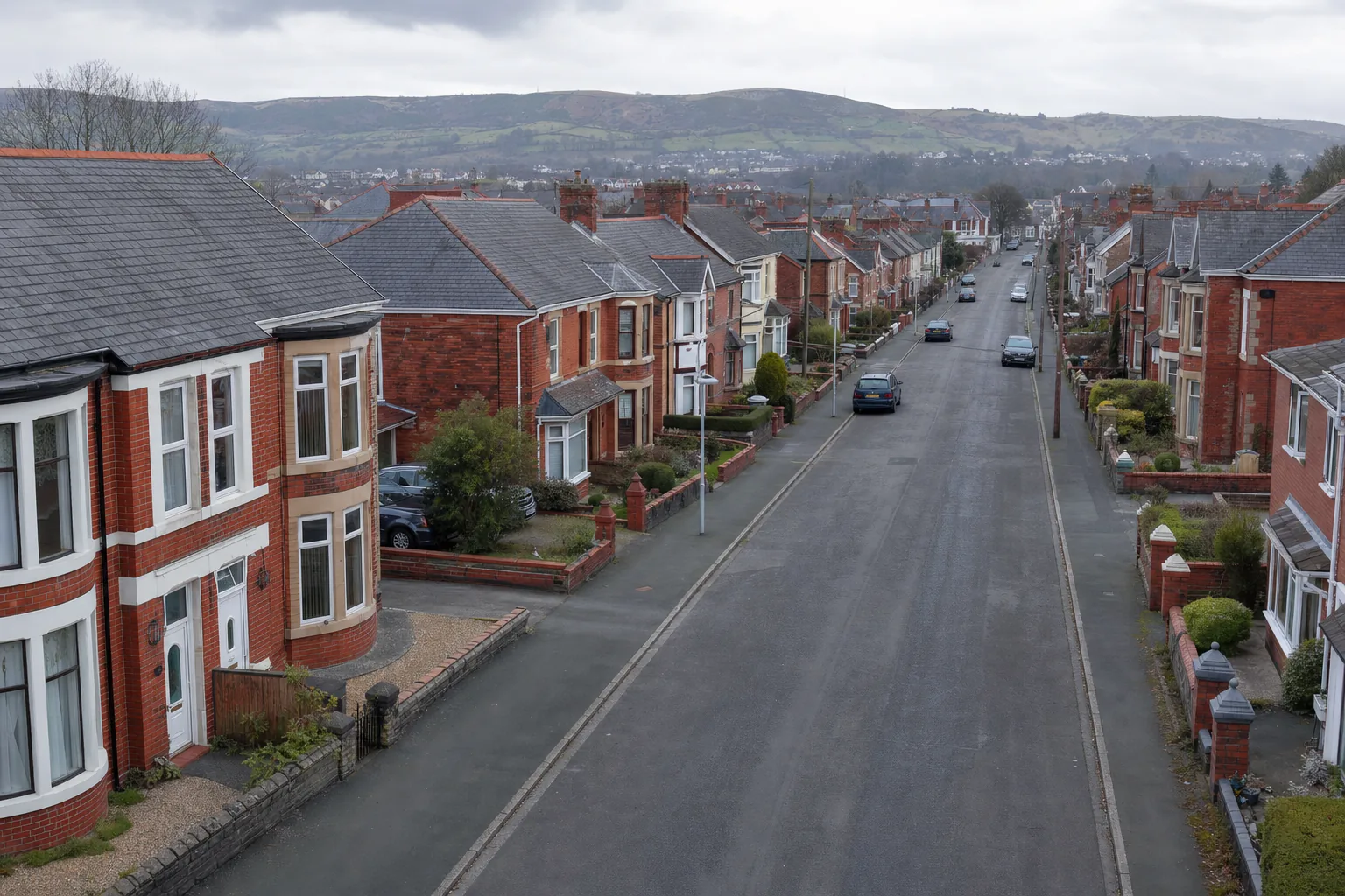 A residential street of Welsh red brick houses