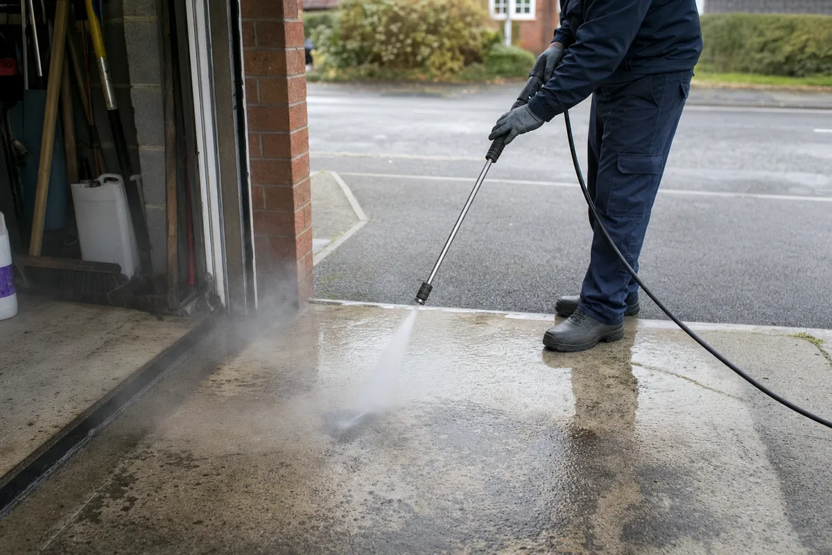 Degreaser and hot water lifting an oil stain from concrete