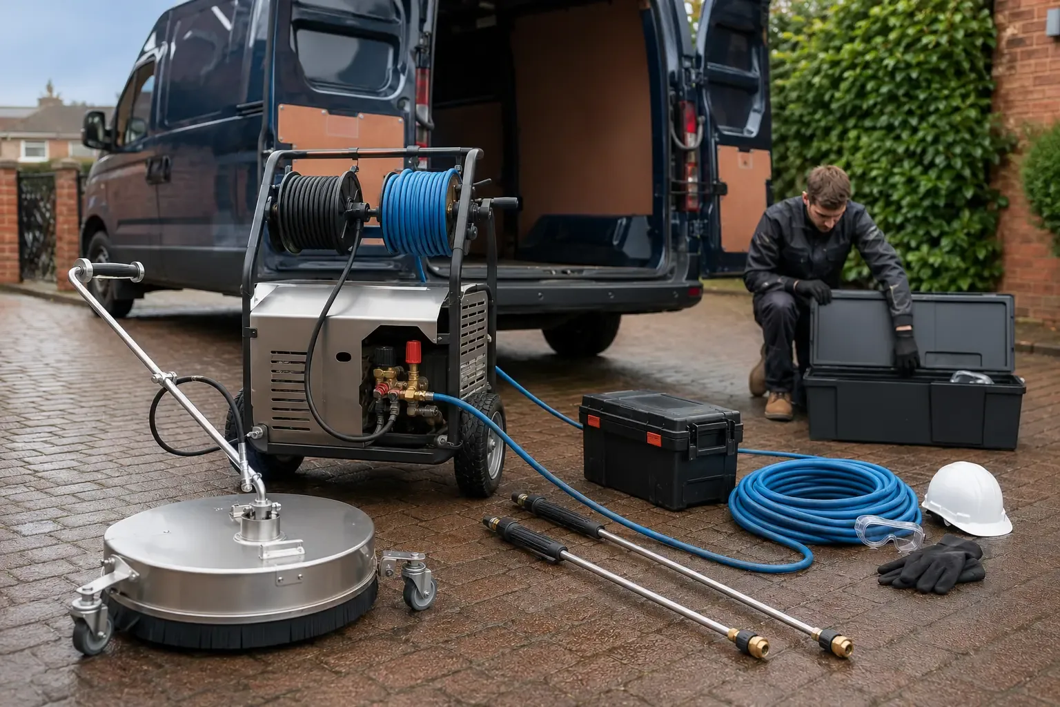 Professional pressure washing equipment prepared for a Cardiff job