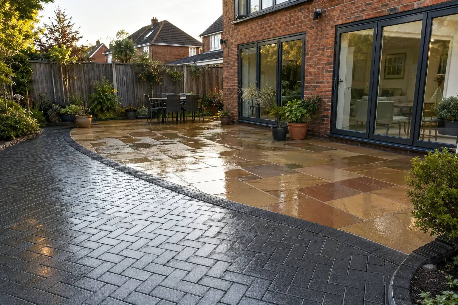 Restored sandstone patio and clean block paving at a British home