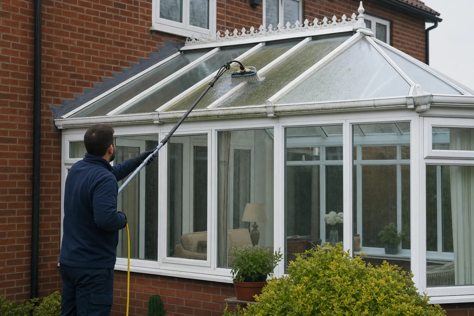 Cleaning the glass and uPVC roof bars of a residential conservatory