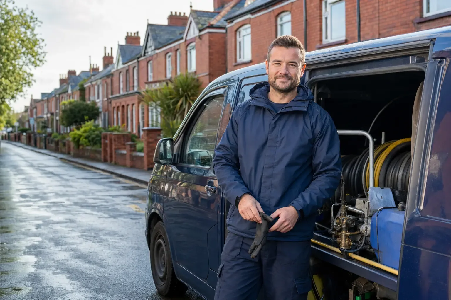 Friendly exterior cleaning professional beside a work van
