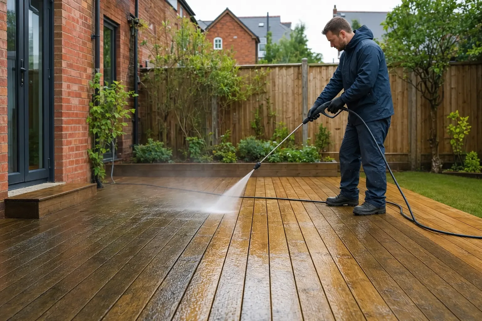 Professional pressure washing a weathered timber deck in Cardiff