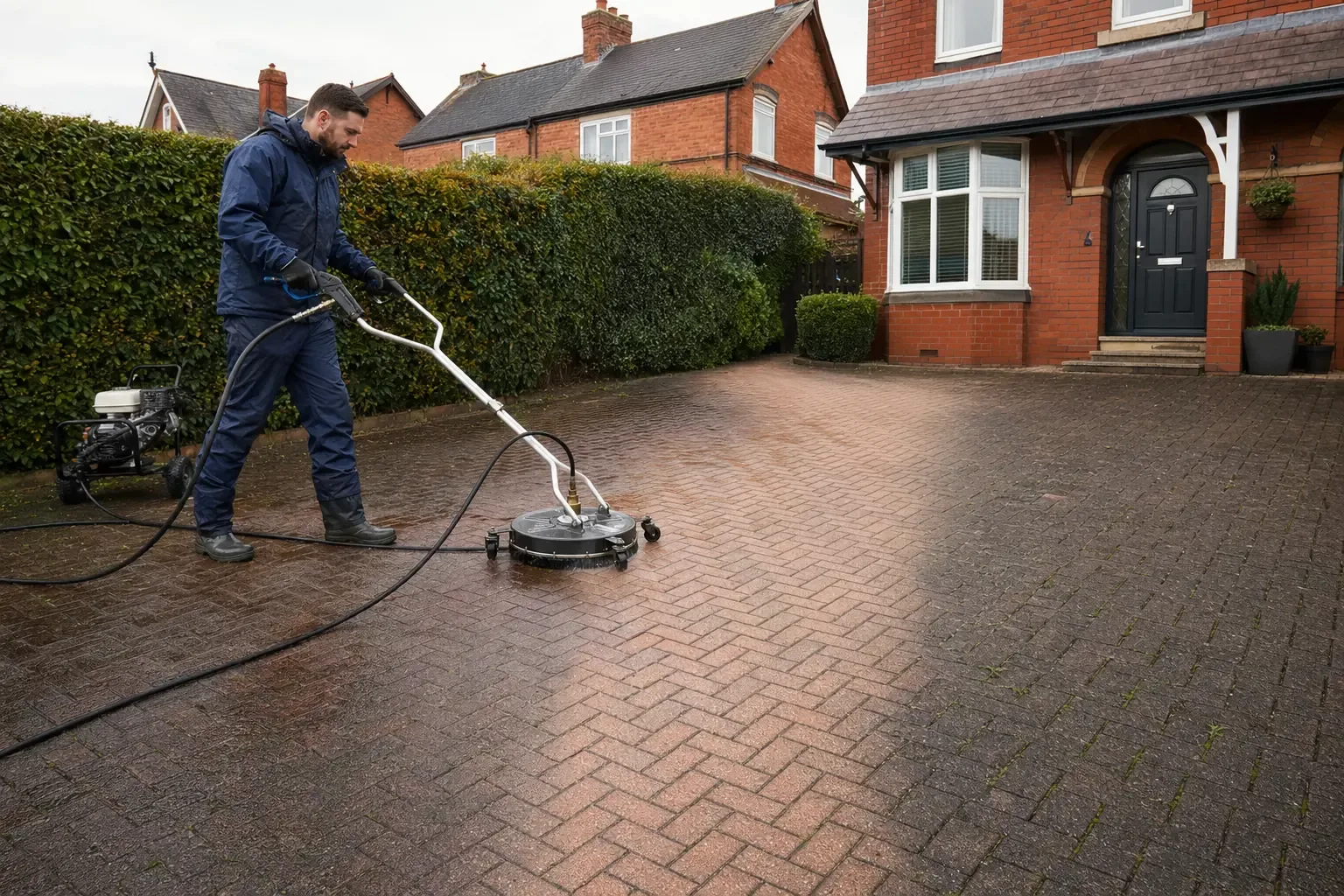 Rotary pressure cleaning on a block-paved driveway in Cardiff