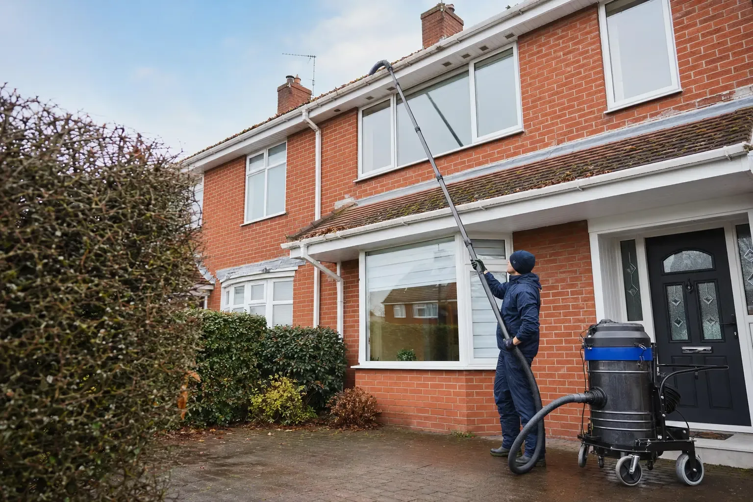 Ground-based gutter vacuum cleaning at a Cardiff house