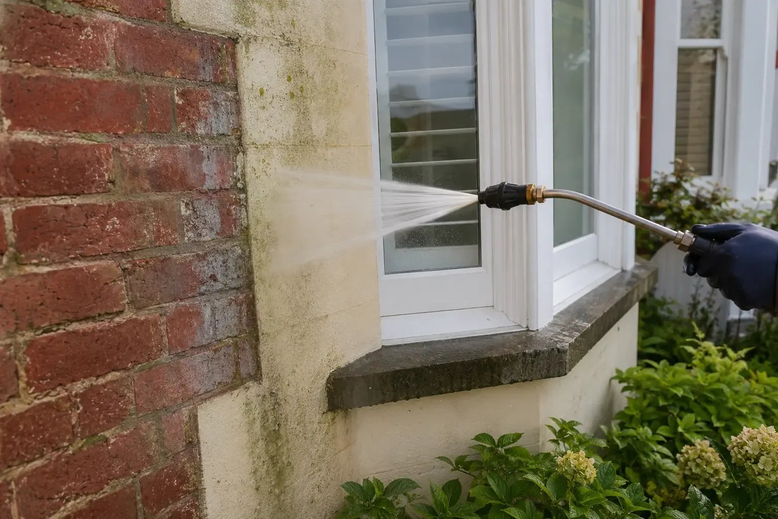 Gentle exterior washing around brick render and a bay window