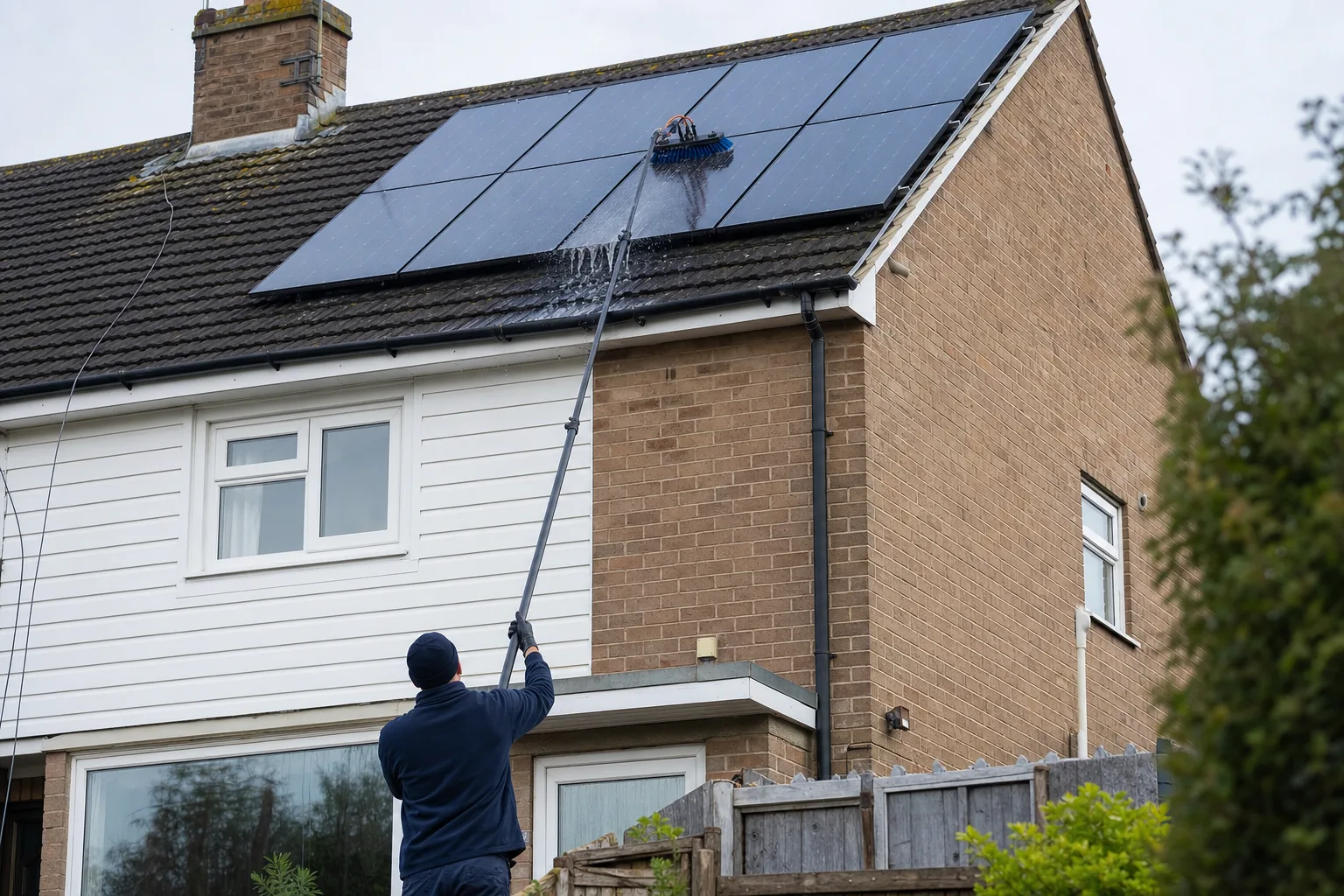 Cleaning roof mounted solar panels with a water fed pole from the ground