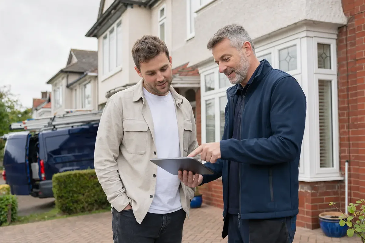 Exterior cleaning specialist discussing a quote with a homeowner