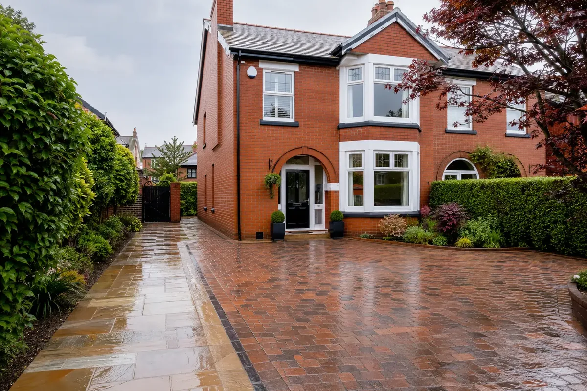 Freshly cleaned driveway and entrance at a Cardiff home