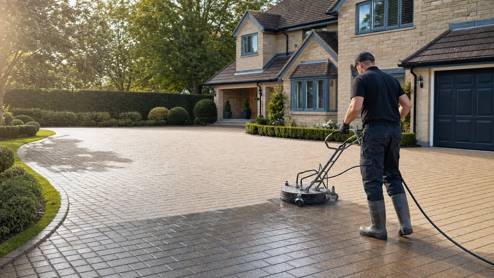 Block Paving Cleaning & Sealing in progress at a Cardiff property