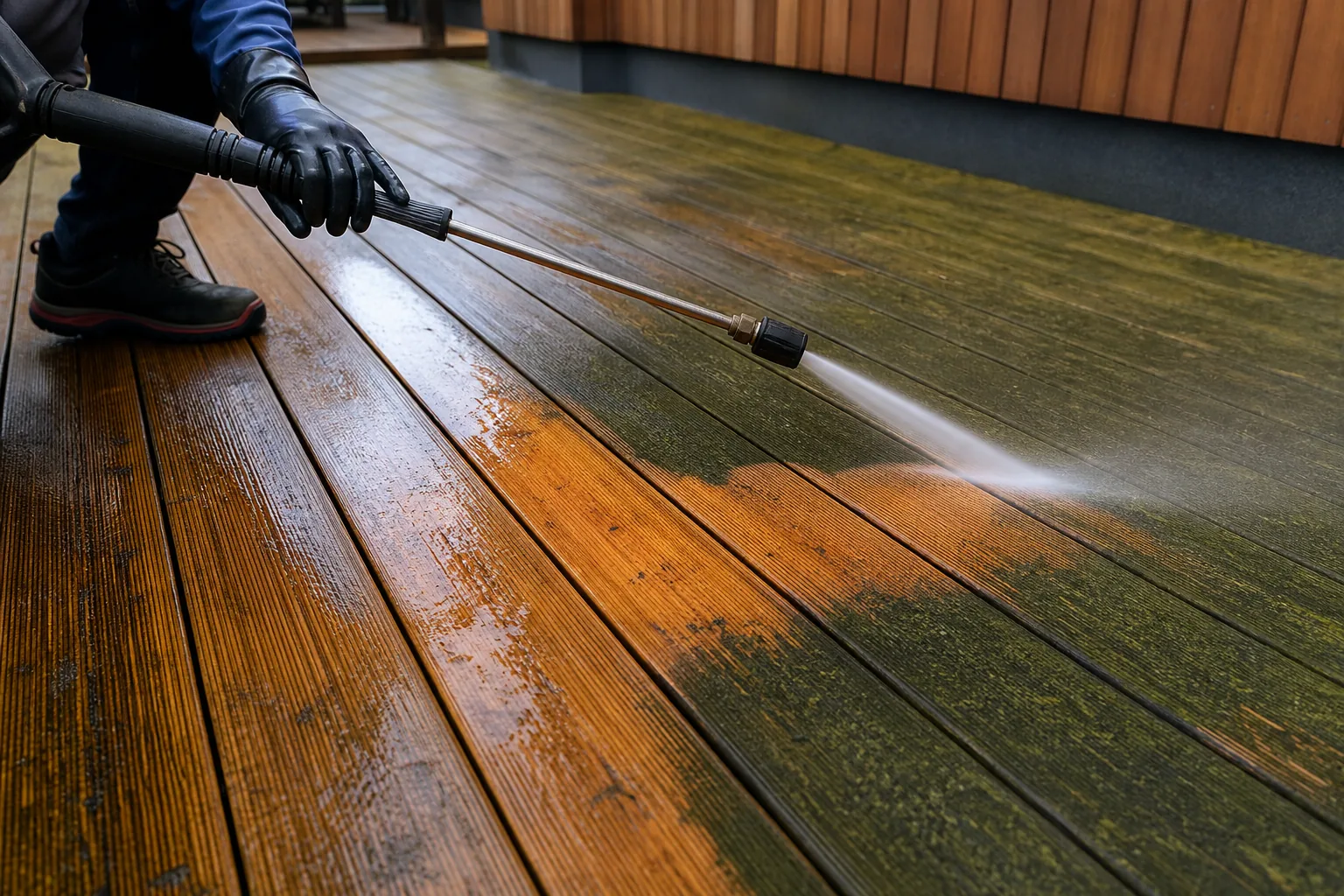 A clean board strip revealed on an algae covered deck