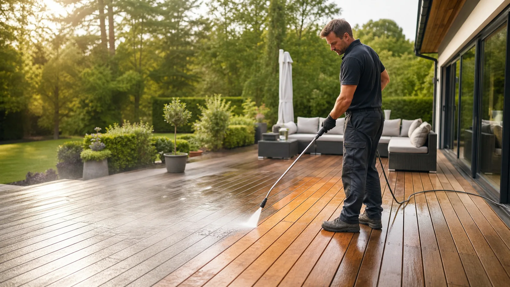 Decking & Fence Cleaning in progress at a Cardiff property