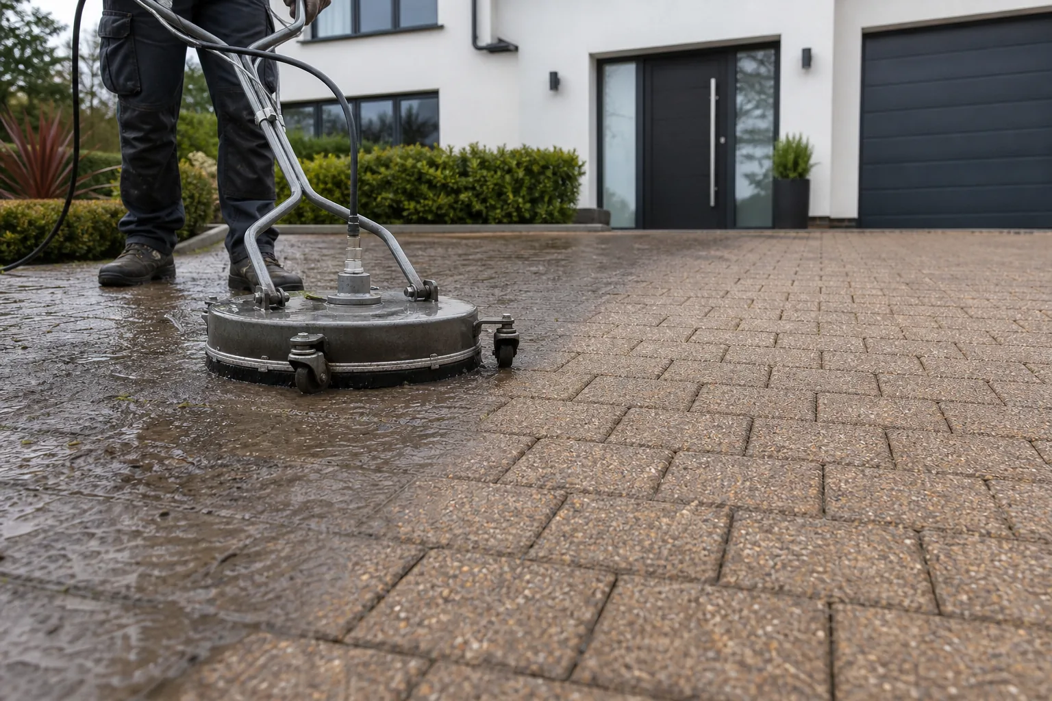 A rotary surface cleaner mid-pass: even pressure, no lance stripes