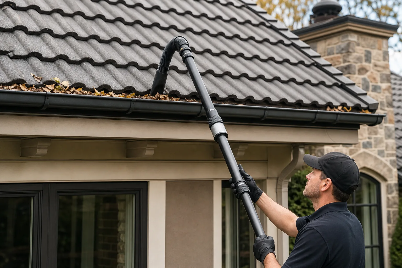 The vacuum head lifting wet debris from the gutter run