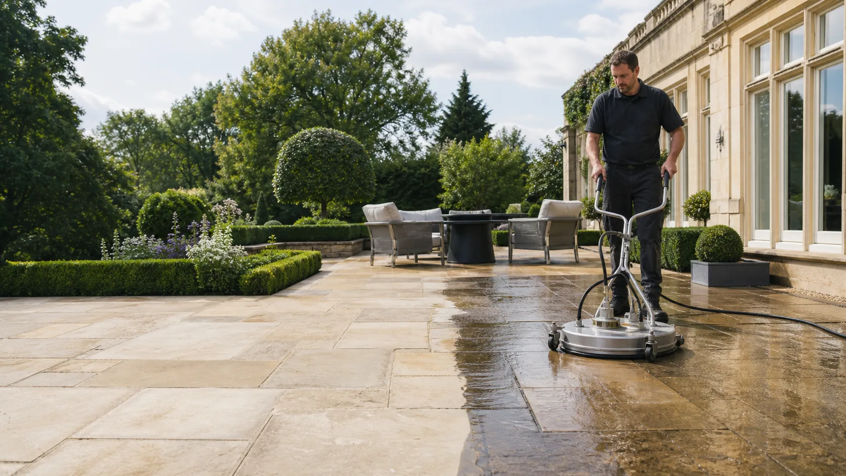 Patio Cleaning in progress at a Cardiff property