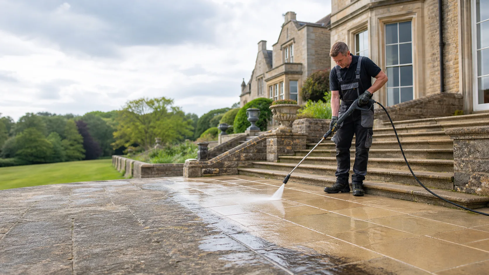 Stone Cleaning in progress at a Cardiff property
